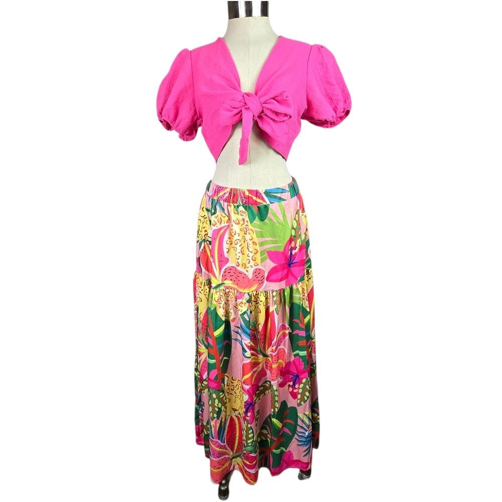 SHEIN Floral Print Maxi Skirt And Pink Tie Front Top Set